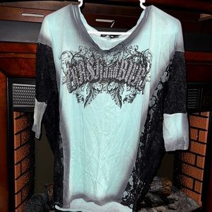 Xsmall light blue dolman 3/4 sleeve with lace sides/sleeves Crash and Burn top